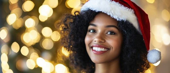 smiling woman in christmas hat with festive lights