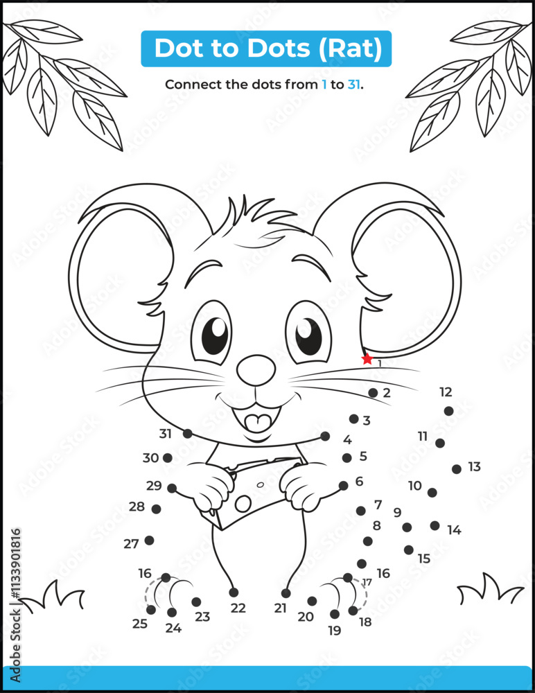 Connect The Dots and Draw a Cute Cartoon Rat. Educational Game for Kids ...