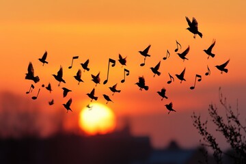 Wall Mural - Musical notes formed by flying birds in sunset sky, golden hour lighting, silhouette detail, with copy space