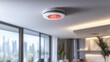 © jureephorn - A minimalist-designed smoke detector alarm flashing an alert light, integrated seamlessly into a modern home ceiling