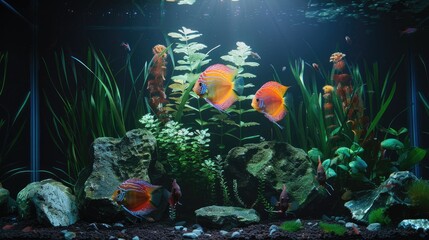 Wall Mural - aesthetic aquascape background design, front view, dark theme, discus fish 