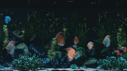 Wall Mural - aesthetic aquascape background design, front view, dark theme, discus fish 