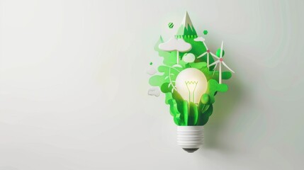 An abstract representation of a light bulb filled with green landscapes and renewable energy icons, set against a clean white background, 3D animation style