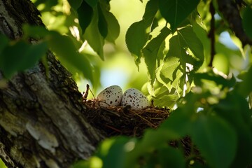 Wall Mural - Nest of robin eggs in cherry tree, dappled sunlight through leaves, eggshell texture details, with copy space