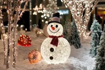 festive snowman surrounded by holiday lights and decorations