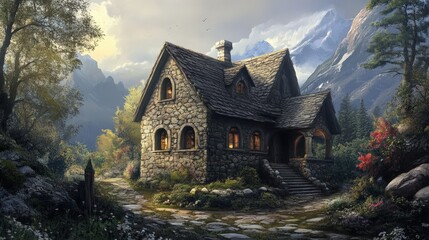 Poster - Stone Cottage nestled in Mountain Valley Landscape