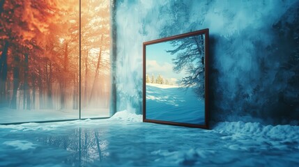 Aufkleber - Winter landscape reflection indoor setting mirror art serene environment tranquil viewpoint nature concept for serenity