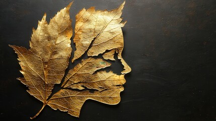 Aufkleber - Surreal golden autumn leaf portrait nature scene artistic composition minimalist background close-up view creative concept