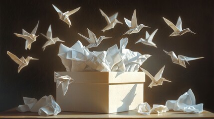 Aufkleber - Tissue paper transforming into origami birds studio environment artistic photography surreal concept captivating perspective