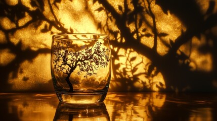 Aufkleber - Surreal shadow play of a water glass with tree design artistic photography warm atmosphere unique perspective nature concept