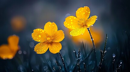 Wall Mural - A couple of yellow flowers with water droplets on them