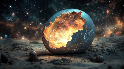 Poster - Celestial eggshell shattering cosmic landscape digital art dreamlike environment abstract viewpoint birth of creation