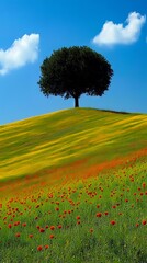 Wall Mural - A lone tree in the middle of a field of flowers