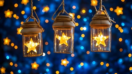 Wall Mural - Three glass jars with star lights hanging against a bokeh background.