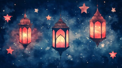 Wall Mural - Three glowing lanterns hang against a starry night sky, creating a magical and festive atmosphere.