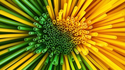Poster - Fun concept aerial view of creative sunflower arrangement with vibrant yellow and green straw interior decor