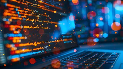 Close-up of a laptop keyboard with code displayed on the screen, illuminated by colorful bokeh lights.