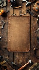 Rustic wooden workshop table with leather sheet and various tools for DIY project, craft or renovation.