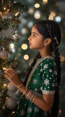 Wall Mural - Portrait of an Indian girl with braided hair, dressed in a green Christmas dress with snowflake patterns, standing by a Christmas tree with silver ornaments, soft lighting, copy space, holiday magic