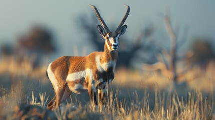 Wall Mural - an ibex on a cliff, sunrise, warm light and fog