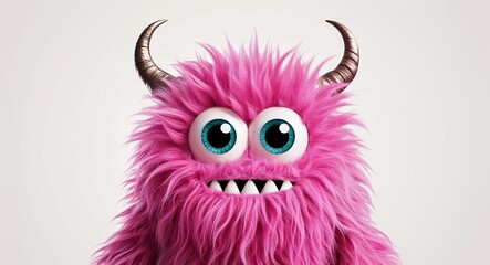 fluffy pink monster with big eyes in plain white background