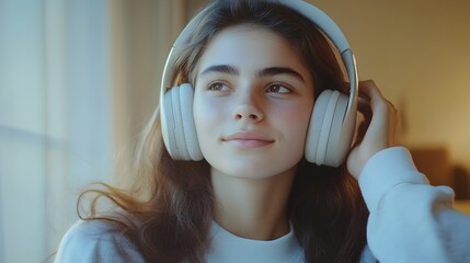 Wall Mural - Young Woman Listening to Music With Headphones