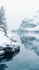 Wall Mural - Snowy landscape with still water reflecting trees and cliffs during winter