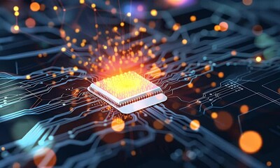 Wall Mural - abstract technology background of a quantum computing system with processor and electronic circuit. 