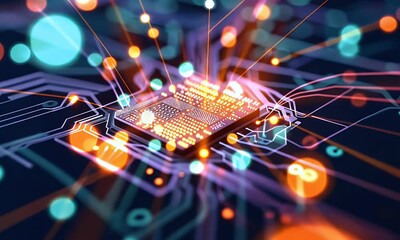 Wall Mural - abstract technology background of a quantum computing system with processor and electronic circuit. 