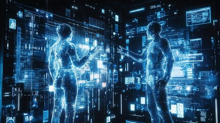 Poster - Two digital figures interacting amidst a futuristic data environment.