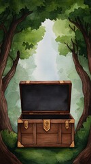 Wall Mural - A wooden treasure chest sits open in a serene forest, surrounded by lush green trees and soft light filtering through the foliage.