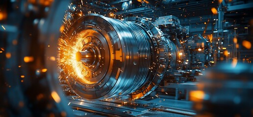 Poster - A close-up of a high-tech turbine engine with sparks flying.