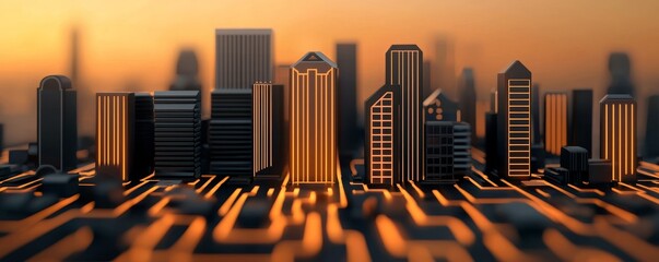 Wall Mural - A futuristic city skyline illuminated by sunset, resembling a circuit board, blending urban architecture with technology.