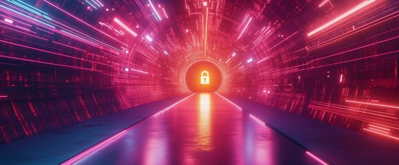 Poster - A futuristic tunnel with glowing lights and a lock symbol at the end.