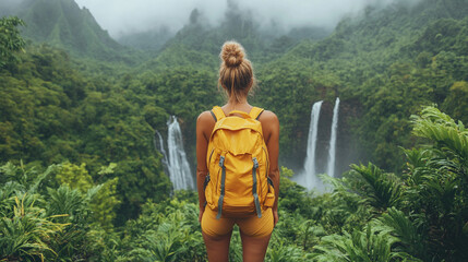 female figure gazes at a blurred waterfall in a lush tropical forest, embodying the symbolism of introspection, chaos, and nature's power. The blurred sky reflects a sense of uncertainty and transform