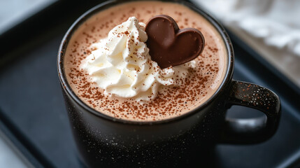 Hot chocolate topped with whipped cream and chocolate heart