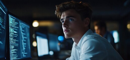 Poster - A young man focused on coding at his workstation in a dimly lit environment.