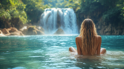 female figure gazes at a blurred waterfall in a lush tropical forest, embodying the symbolism of introspection, chaos, and nature's power. The blurred sky reflects a sense of uncertainty and transform