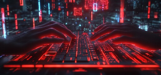Poster - Hands typing on a glowing keyboard amidst a digital, futuristic background.