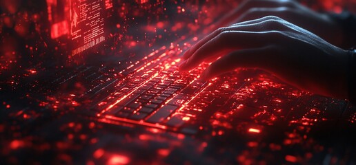 Poster - Hands typing on a keyboard, surrounded by glowing red digital data.