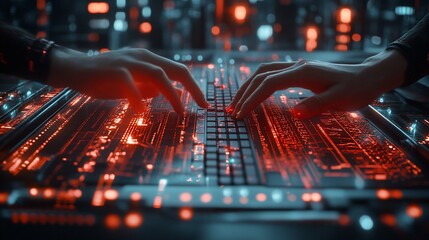 Fototapete - Two hands typing on a futuristic keyboard with glowing circuitry.