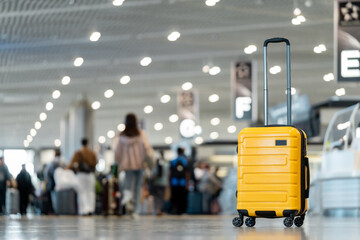 Fototapete - Travel, The suitcases in an empty airport hall, traveler cases in the departure airport terminal waiting for the area, vacation concept, blank space for text message or design, luggage for travel.