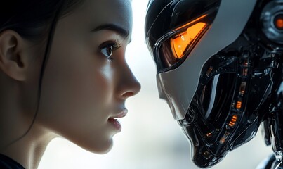 Fototapete - A close-up of a woman and a robotic face, exploring human-robot interaction.