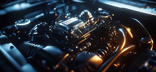 Poster - A close-up view of a car engine showcasing intricate mechanical details.