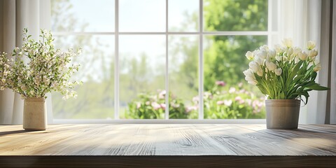 Wall Mural - A window sill with two vases of flowers and a window