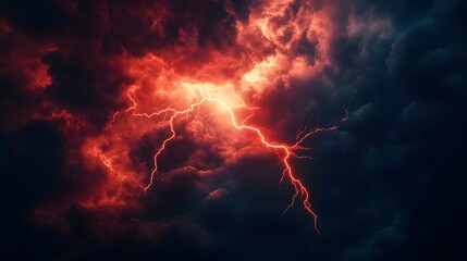 Wall Mural - Fiery Lightning Strikes Through Dark Angry Clouds