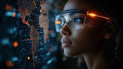 Poster - Person Wearing Glasses Looking at Projected World Map of Real Time Communication Data Future Tech Interaction and Global Connectivity Concept