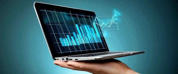 Poster - A hand holding a laptop displaying a digital graph and data analysis.