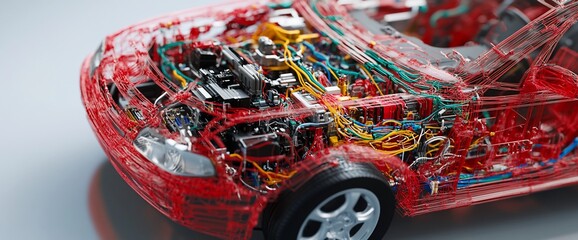 Poster - A transparent model of a car showcasing its internal components and wiring.