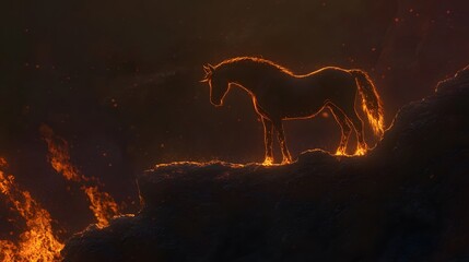 Wall Mural - Fiery Horse Stands on a Volcanic Rock Peak